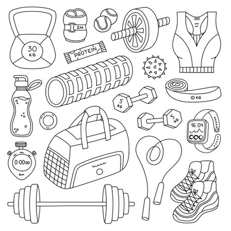 Big lovely fitness black and white doodle set with inventory for pilates, powerlifting, workout. Hand drawn sport collection with heavy dumbbell, barbell, abs, foam roller, sneakers isolated on white.のイラスト素材