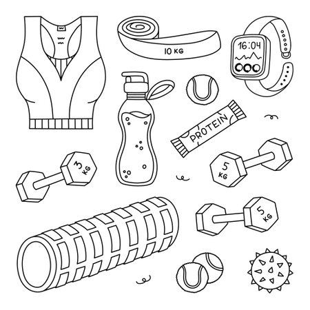 Lovely line doodle pilates set with different equipment for home training. Cute hand drawn fitness, stretching collection with sport bra, massage foam roller, pair of dumbbells isolated on white.のイラスト素材