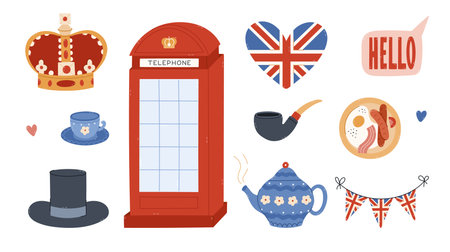Lovely cartoon London set with Britain landmarks, English symbols. Hand drawn red telephone booth, bunting and heart with United Kingdom flag, royal crown, traditional breakfast isolated on white.のイラスト素材