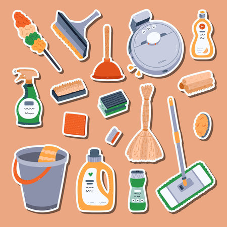 Lovely cartoon housekeeping sticker set for planners, notebooks, scrapbook. Ready for print list of cute stickers of funny home care clipart to cleanse dirt and grime, wipe dust, wash floor.のイラスト素材