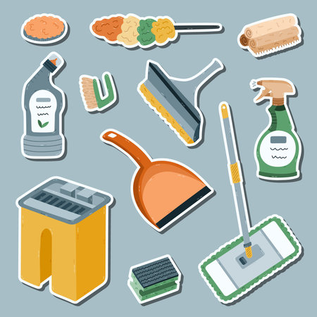 Lovely cartoon sticker set with house cleansing supply for planners, notebooks, diary. Ready for print list of colorful stickers of bucket, mop, washing spray bottle, toilet disinfectant gel, rags.のイラスト素材