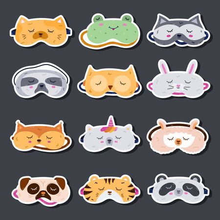 Funny cartoon sticker set with animal sleeping mask for planners, notebooks. Ready for print list of cute eye mask in the shape of cat, frog, tiger head. Hand drawn night accessory sticker layout.のイラスト素材