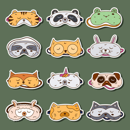 Funny colorful doodle sticker set with animal sleeping mask for planners, notebooks, scrapbook. Ready for print list of eye mask with panda, toad, kitty head. Hand drawn sweet dreams accessory.のイラスト素材