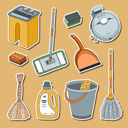 Childish cleaning apartment sticker set with household tools for planners, notebooks. Ready for print list of funny colorful washing doodle. Bucket, mop, laundry gel, broom, scrubbing sponge.のイラスト素材