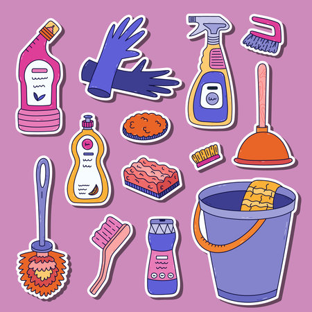 Lovely cartoon doodle sticker set with cleansing products, tools in trendy vivid for planners, notebooks. Ready for print list of colorful housekeeping clipart. Toilet cleaner, plunger, gloves.のイラスト素材