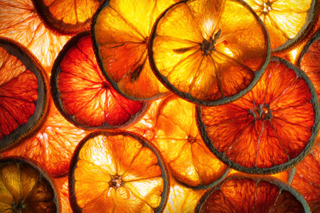 Dried orange and red orange slices are mixed on a plane and illuminated from the inside. Background....
