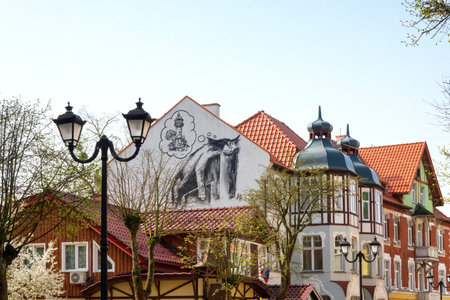 Buildings of ancient German architecture on the avenue in the city of Zelenogradsk in early spring....