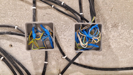 Black electrical cables are attached to the concrete ceiling. Open junction boxes reveal wire...