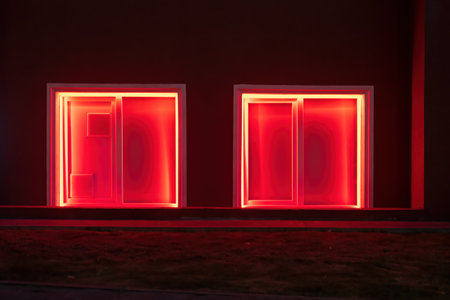 Two square windows are illuminated with red light. There is a dark wall of a building on the street in the late evening. Background.の写真素材