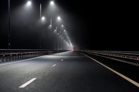 Night view of a highway perspective. Cars are visible in the distance. Street lights illuminate the...