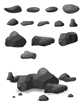 Rock stone big set cartoon. Stones and rocks in isometric 3d flat style. Set of different boulders. Video Gameのイラスト素材