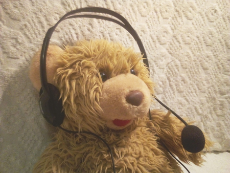 A toy bear cub responds by a headset - headphones and a microphoneの写真素材