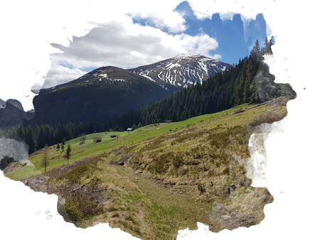 mountain with snowy peaks surrounded by forest and blue sky, stylized watercolor frameの写真素材