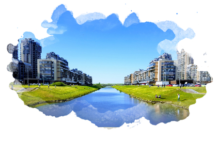 new urban blocks, new panel multi-apartment colorful houses stand on the banks of the river, people rest and children play on a green lawn, a sunny day, stylized watercolor frameの写真素材