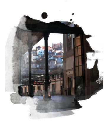 old European train station, exit to the platform, see the city, stylized watercolor frameの写真素材
