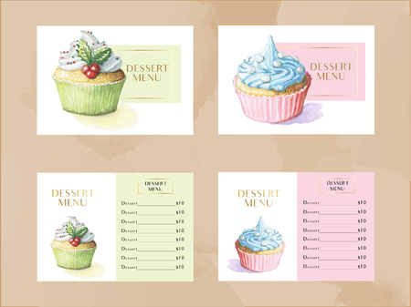 dessert menu template set with watercolor cupcakesのイラスト素材