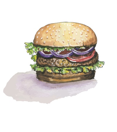 Vector watercolor burger on white background with shadowのイラスト素材