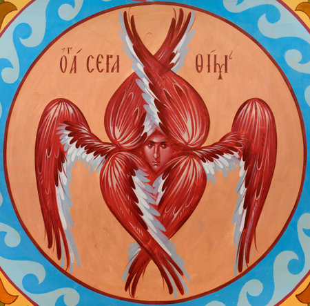 UKRAINE, ODESSAâ SEPTEMBER, 15, 2015: Icon of the six-winged seraph.のeditorial素材