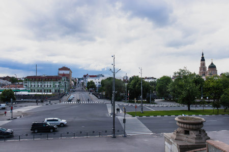 Ukraine, Kharkiv - May 23, 2020. View of the beginning of Poltavsky Shlyah Street, Annunciation Churchのeditorial素材