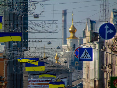 Ukraine, Kharkiv - August 31, 2015. View of Sumskaya Street and the city center on Constitution Square.のeditorial素材