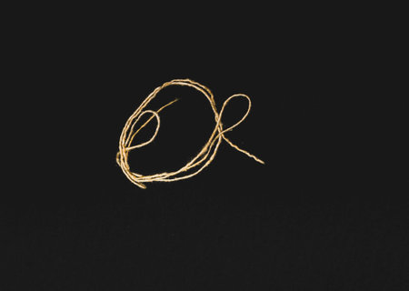 The letter R of the English alphabet written with a golden thread on a black backgroundの写真素材