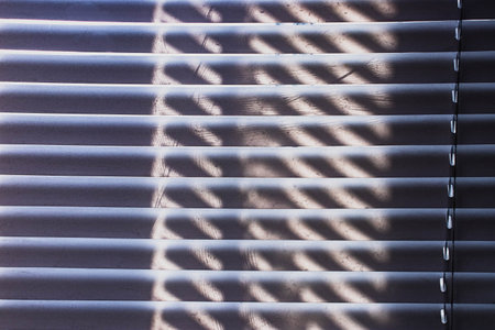 Window blinds with shadow on the wall. Shallow depth of field.の写真素材