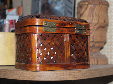 Wooden box on a shelf in a jewelry store. Wooden box