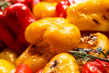Freshly cooked grilled vegetables, tomatoes, mushrooms, eggplant, pepper ...