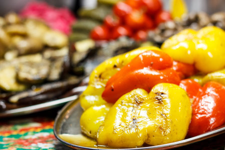 Freshly cooked grilled vegetables, tomatoes, mushrooms, eggplant, pepper ...の写真素材
