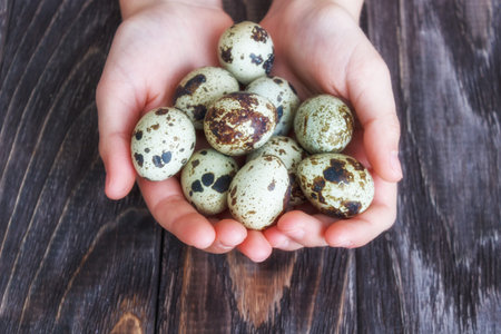 A quail of Easter eggs in the hands of a woman on a wooden background with copy space. Easter...