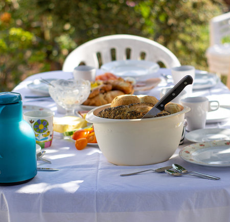 Outdoor spring or summer casual garden party set up for lunch dinner