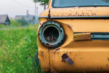 An old abandoned yellow car stands near the fence. The car's headlight is outの写真素材
