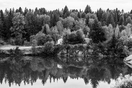 Stunning photo of fall foliage reflected on a lake with a glass like mirror water surface