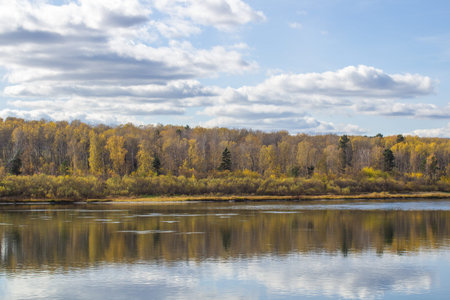 Beautiful, wide river autumn among the woods. Calm and quiet place with autumn colors. Reflection of clouds and forests in water in good weatherの写真素材