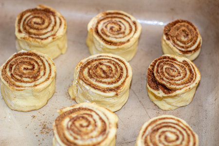 Rolled cinnamon dough on a baking sheet in the oven. Cooking buns.の写真素材
