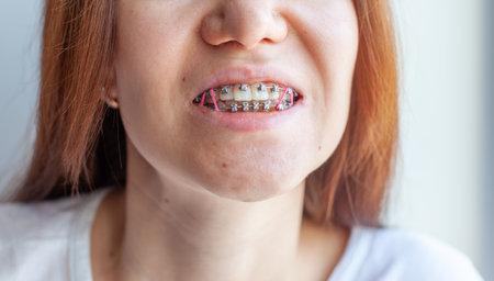 Braces in the smiling mouth of a girl. Close-up photos of teeth and lips. Smooth teeth from braces. On the teeth of elastic bands for tightening teeth. Photo on a light solid background.の写真素材