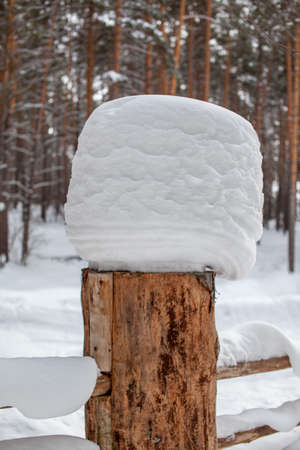 Large snow caps on the stumps of the fence in winter. A wooden fence protects the territory of the house.の写真素材