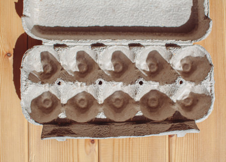 Gray egg carton without eggs on white background. egg carton box made from recycled paper with...