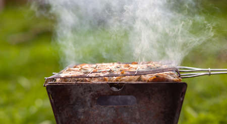 A lot of juicy meat kebabs in a row on the grill. Meat pieces strung on metal skewers on the grill at sunset. The process of cooking kebabs with a lot of smoke. Cooking in natureの写真素材