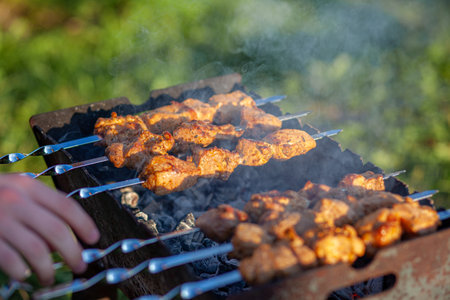 A lot of juicy meat kebabs in a row on the grill. Meat pieces strung on metal skewers on the grill at sunset. The process of cooking kebabs with a lot of smoke. Cooking in natureの写真素材