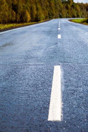 Straight road with a marking on the nature background. Open Road in future, no cars, auto on asphalt road through green forest, trees. Clouds on blue sky in summer, sunshine, sunny day. Bottom viewの写真素材