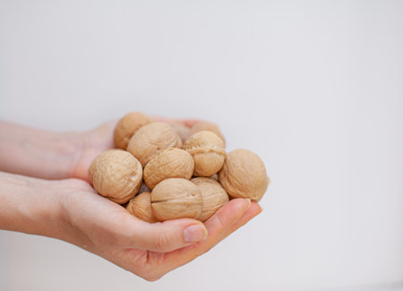 Lots of whole walnuts in womens hands close-up. Healthy, organic foodの写真素材