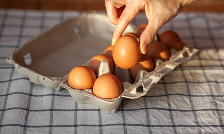 Chicken brown eggs are in a cardboard box bought at a grocery store. Healthy breakfast. A tray for...
