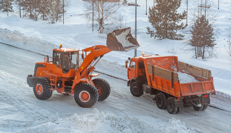 Big orange tractor cleans up snow from the road and loads it into the truck. Cleaning and cleaning...