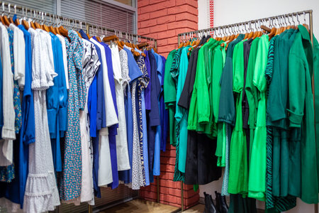 Colorful womens dresses on hangers in a retail shop.の写真素材