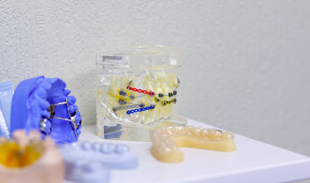 Dental model of the tooth jaw with metal braces and wire in a natural form. Model of installation of...
