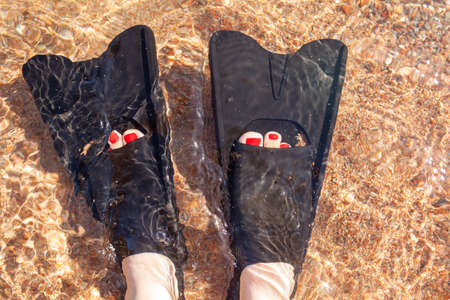 A woman in black flippers splashes near the shore. Fins stick out of the water. swimming equipment. Summer holidays, fun, exploring the sea world concept. Space for copy.の写真素材