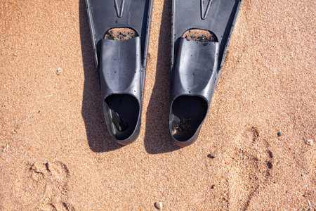 A pair of black flippers on the background of sand next to the water, top view. Swimming equipment - fins on the shore. Summer holidays, fun, exploring the sea world concept. Space for copy.の写真素材