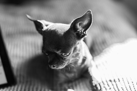 A closeup image shows a cute chihuahua puppy of a domestic mammalの写真素材