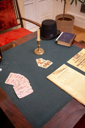 11/29/2022, Cherepovets, Vologda region, Russia. Museum House of IA Milyutin on Cathedral Hill house-museum of the Cherepovets head of the XIX century. Different rooms and antique furniture dishesのeditorial素材